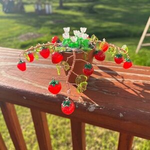 Handcrafted Strawberry Beaded Plant Decor